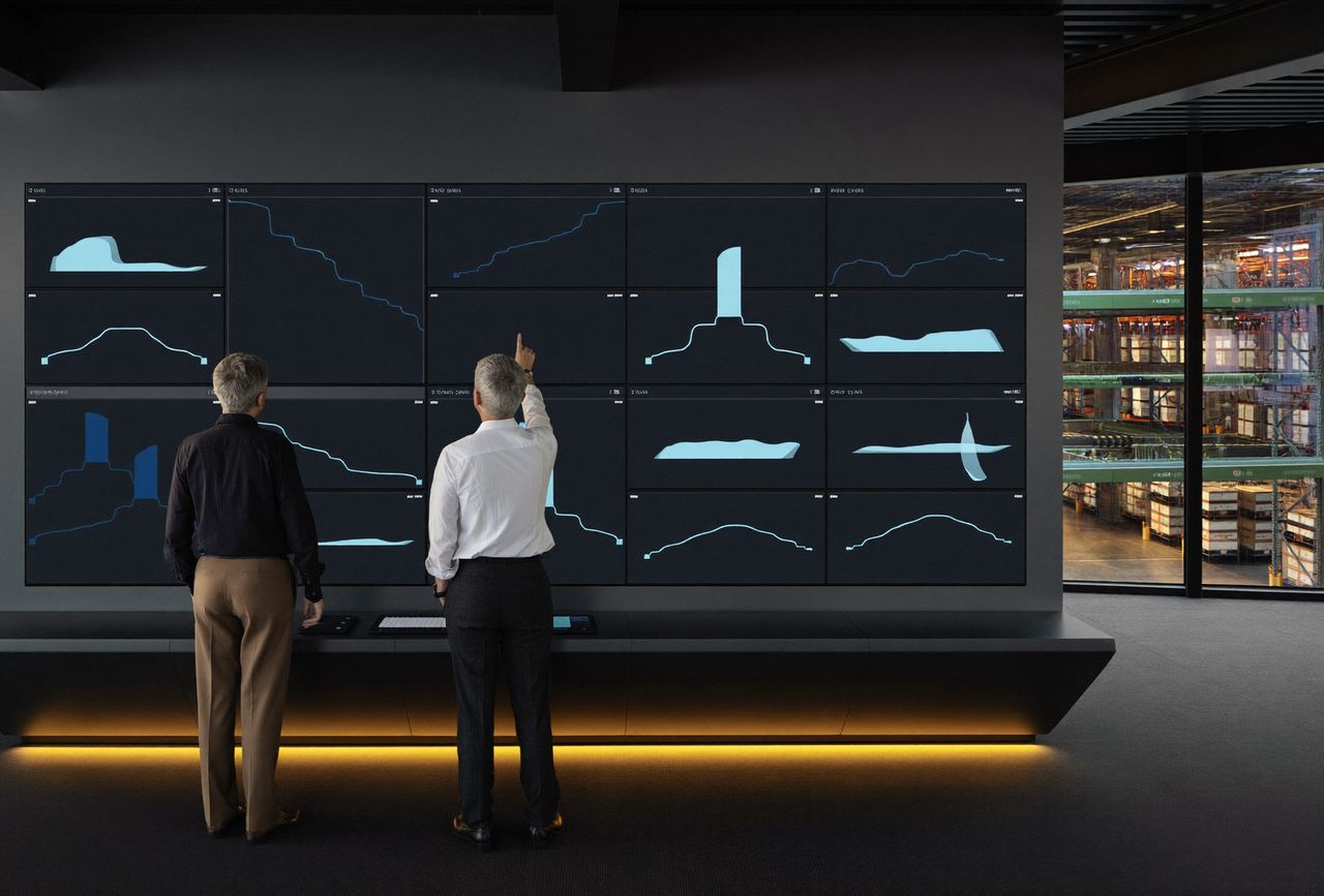 Operations managers reviewing live dashboards above a working logistics floor