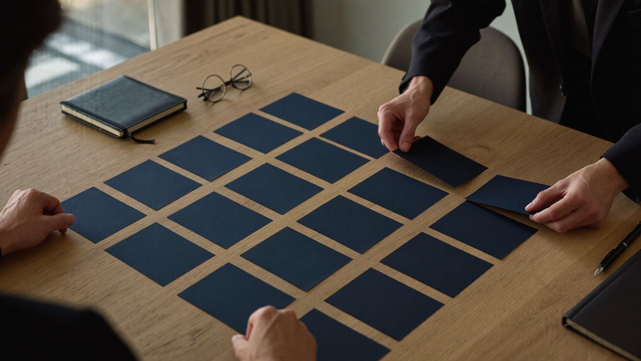 Senior executives organizing initiative cards into a governed portfolio on a boardroom table